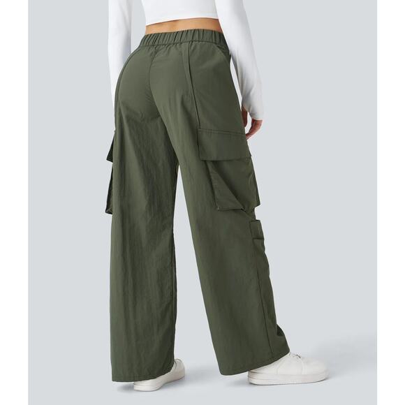 Halara Cargo Pants Womens X-Large Tall Army Green Nylon Wide Leg Pockets Relaxed - Picture 3 of 9